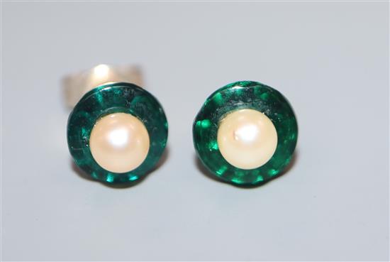 A cased pair of cultured pearl pearl and green paste? ear studs.